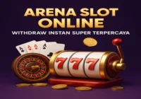 Ilustrasi 3D Arena Slot Online dengan mesin slot, kartu as, roulette, dan koin emas, menampilkan konsep withdraw instan super terpercaya.