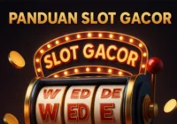 3D ilustrasi promosi Panduan Slot Gacor Pasti Wede menampilkan mesin slot mewah dengan aksen emas, latar gradasi ungu-hitam, dan koin emas berkilau.