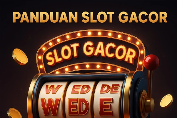 3D ilustrasi promosi Panduan Slot Gacor Pasti Wede menampilkan mesin slot mewah dengan aksen emas, latar gradasi ungu-hitam, dan koin emas berkilau.