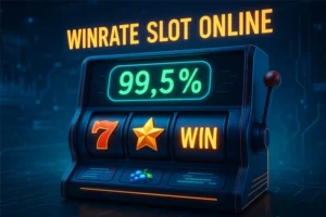 Ilustrasi mesin slot online 3D menampilkan statistik winrate tertinggi dan simbol kemenangan aktif di layar digital.